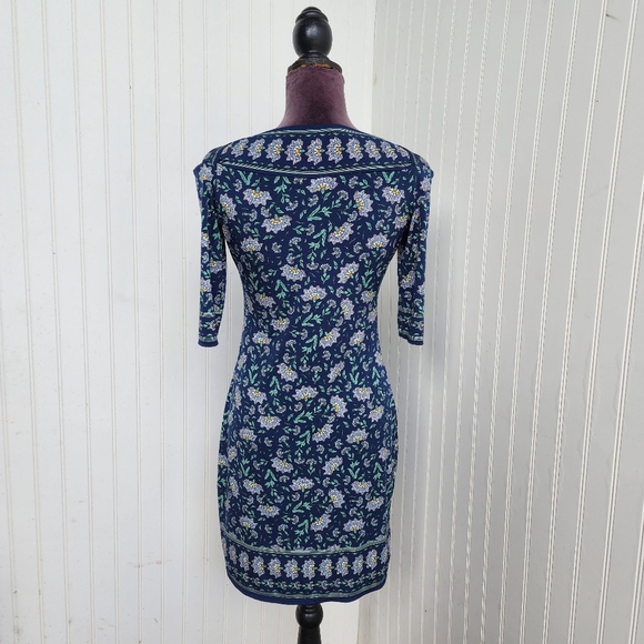 Max Studio Navy Blue Flowers Boat Neck 1/2 Sleeve Stretchy Mid Dress Stretch S - Picture 5 of 11